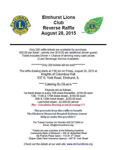 Elmhurst Lions Club Reverse Raffle August 28, 2015